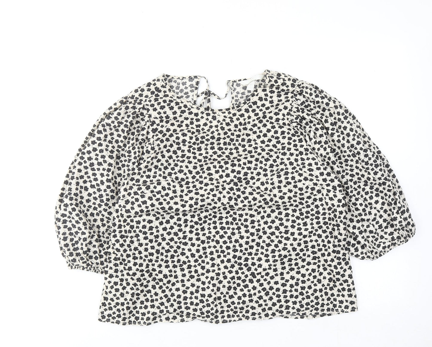 H&M Womens Beige Floral Cotton Basic Blouse Size L Boat Neck