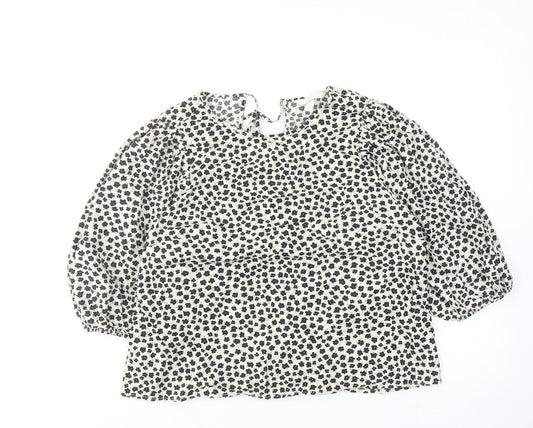 H&M Womens Beige Floral Cotton Basic Blouse Size L Boat Neck