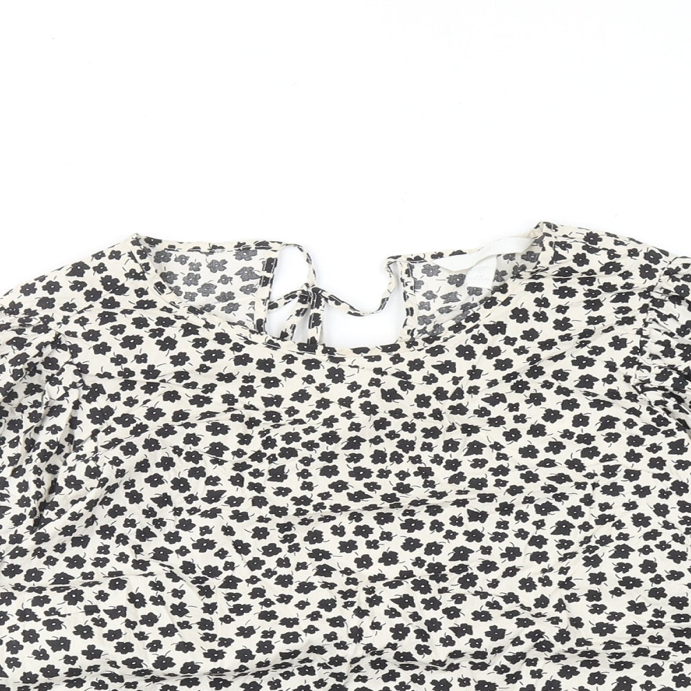H&M Womens Beige Floral Cotton Basic Blouse Size L Boat Neck