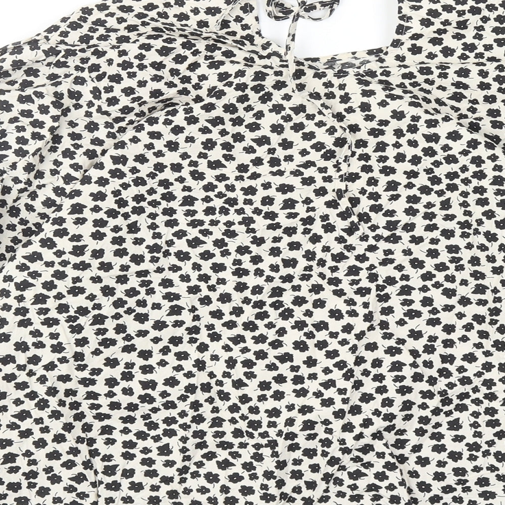H&M Womens Beige Floral Cotton Basic Blouse Size L Boat Neck