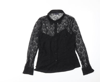 Marks & Spencer Womens Black Polyamide Basic Button-Up Size 10 Collared
