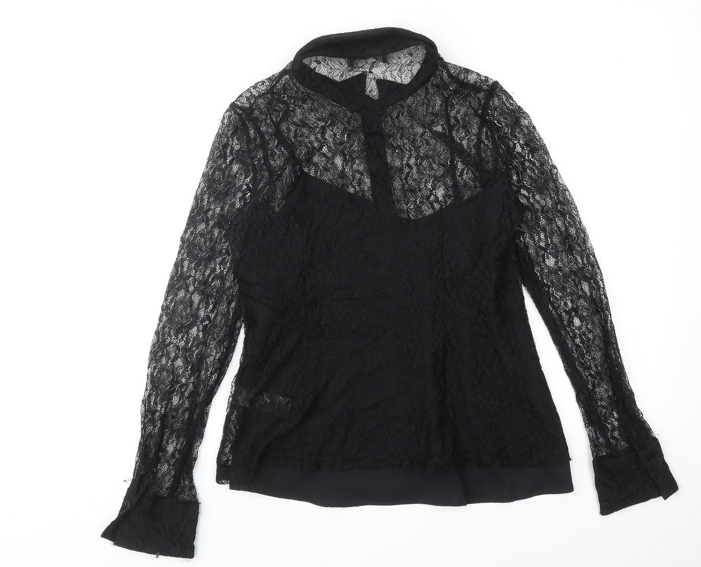 Marks and Spencer Womens Black Polyamide Basic Button-Up Size 10 Collared