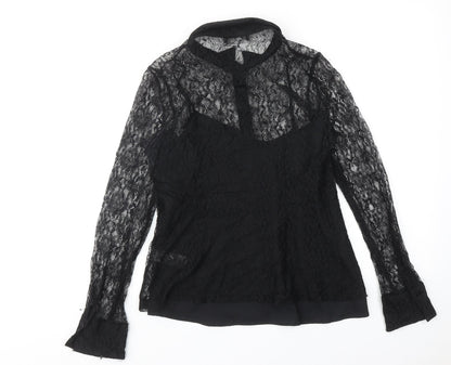 Marks & Spencer Womens Black Polyamide Basic Button-Up Size 10 Collared