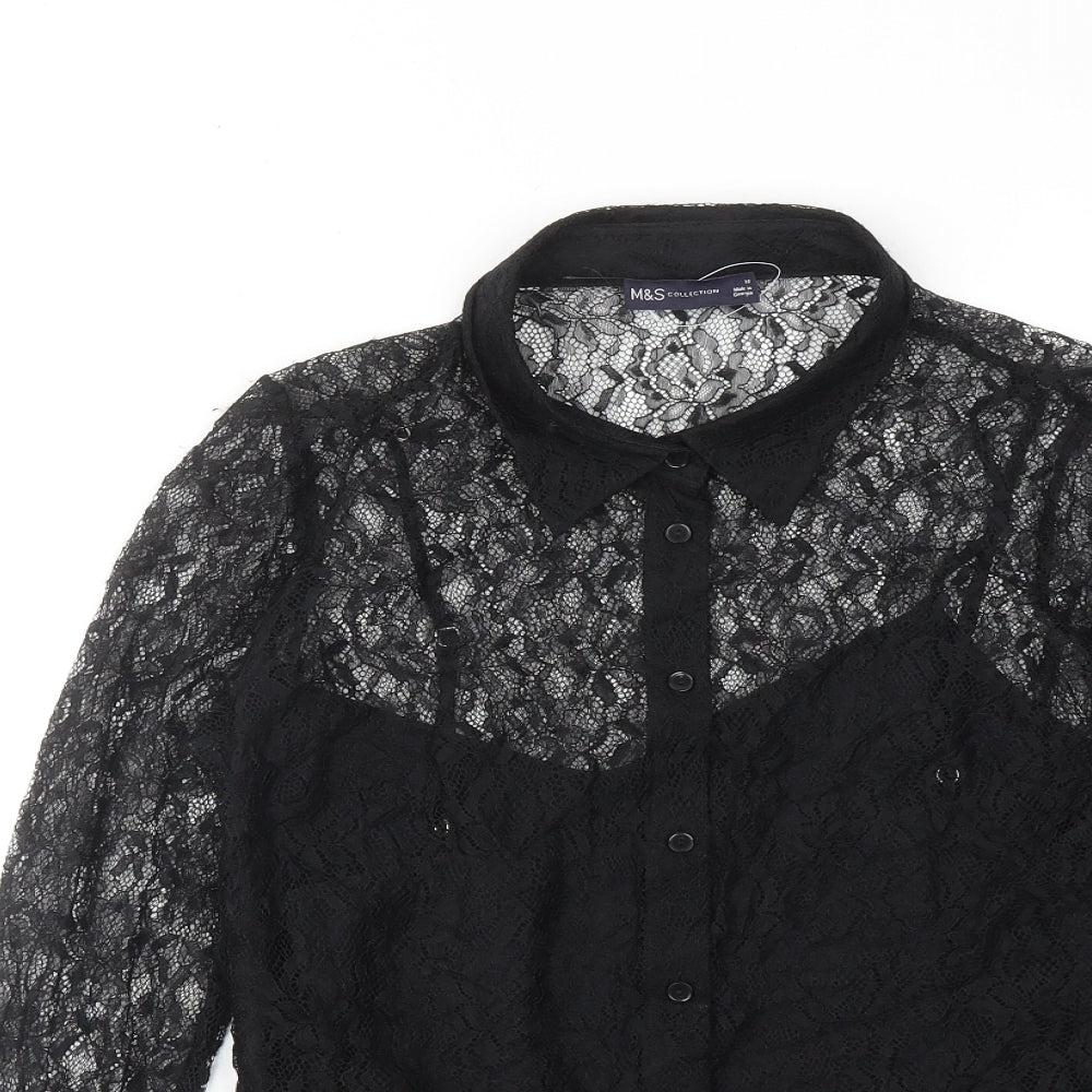 Marks and Spencer Womens Black Polyamide Basic Button-Up Size 10 Collared