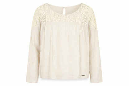 Numph Womens Beige Viscose Basic Blouse Size 12 Round Neck - Lace Neckline