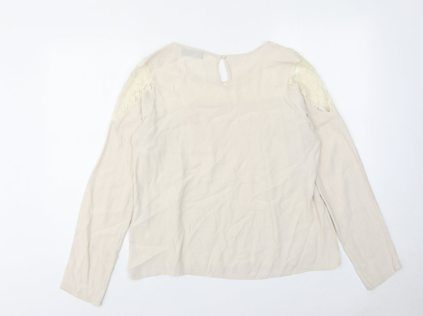Numph Womens Beige Viscose Basic Blouse Size 12 Round Neck - Lace Neckline