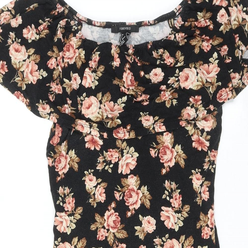 FOREVER 21 Womens Black Floral Viscose Bodycon Size S Off the Shoulder Pullover