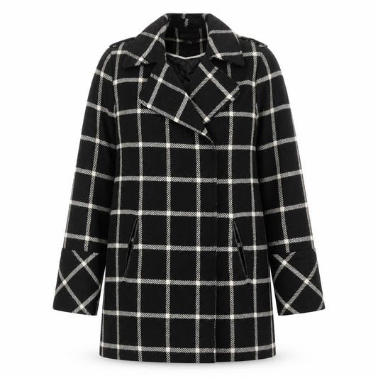 Front view of Dorothy Perkins women’s black striped jacket, size UK 12, button