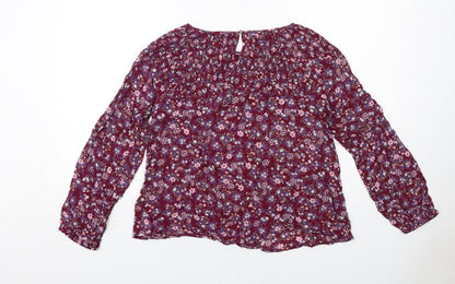 Back view of Miss Selfridge women’s purple floral viscose basic blouse, size UK 10, round neck