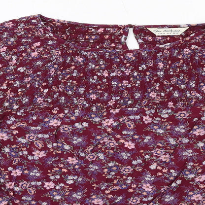 Close-up detail of Miss Selfridge women’s purple floral viscose basic blouse, size UK 10, round neck