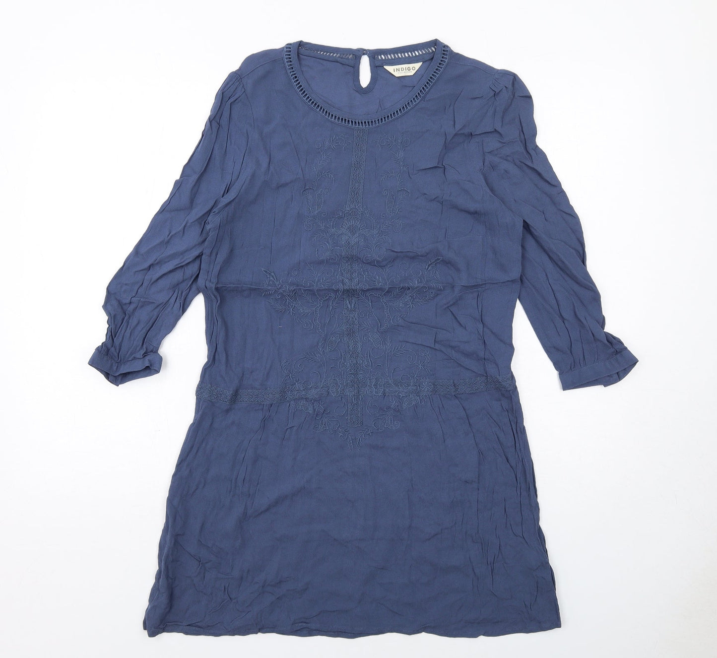 Indigo Womens Blue Viscose A-Line Size 10 Round Neck Button