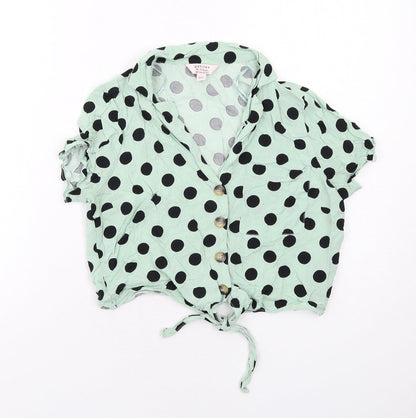 Additional front view of Miss Selfridge women’s green polka dot viscose basic button-up, size UK 10, collared