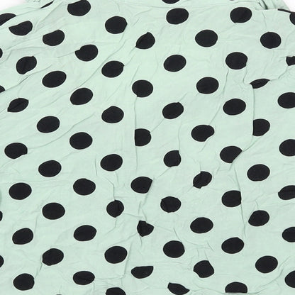 Brand and care label for Miss Selfridge women’s green polka dot viscose basic button-up, size UK 10, collared