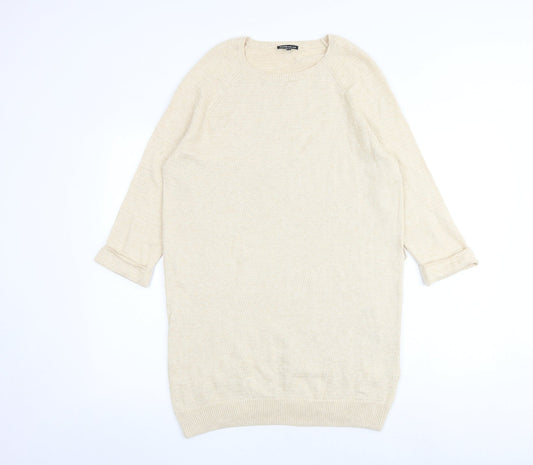 Warehouse Womens Beige Acrylic Jumper Dress Size 12 Round Neck Pullover