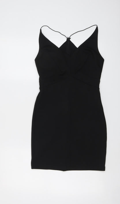 Additional front view of ASOS women’s black polyester bodycon, size UK 10, v-neck zip