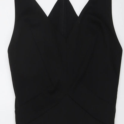 Close-up detail of ASOS women’s black polyester bodycon, size UK 10, v-neck zip