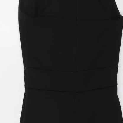 Brand and care label for ASOS women’s black polyester bodycon, size UK 10, v-neck zip