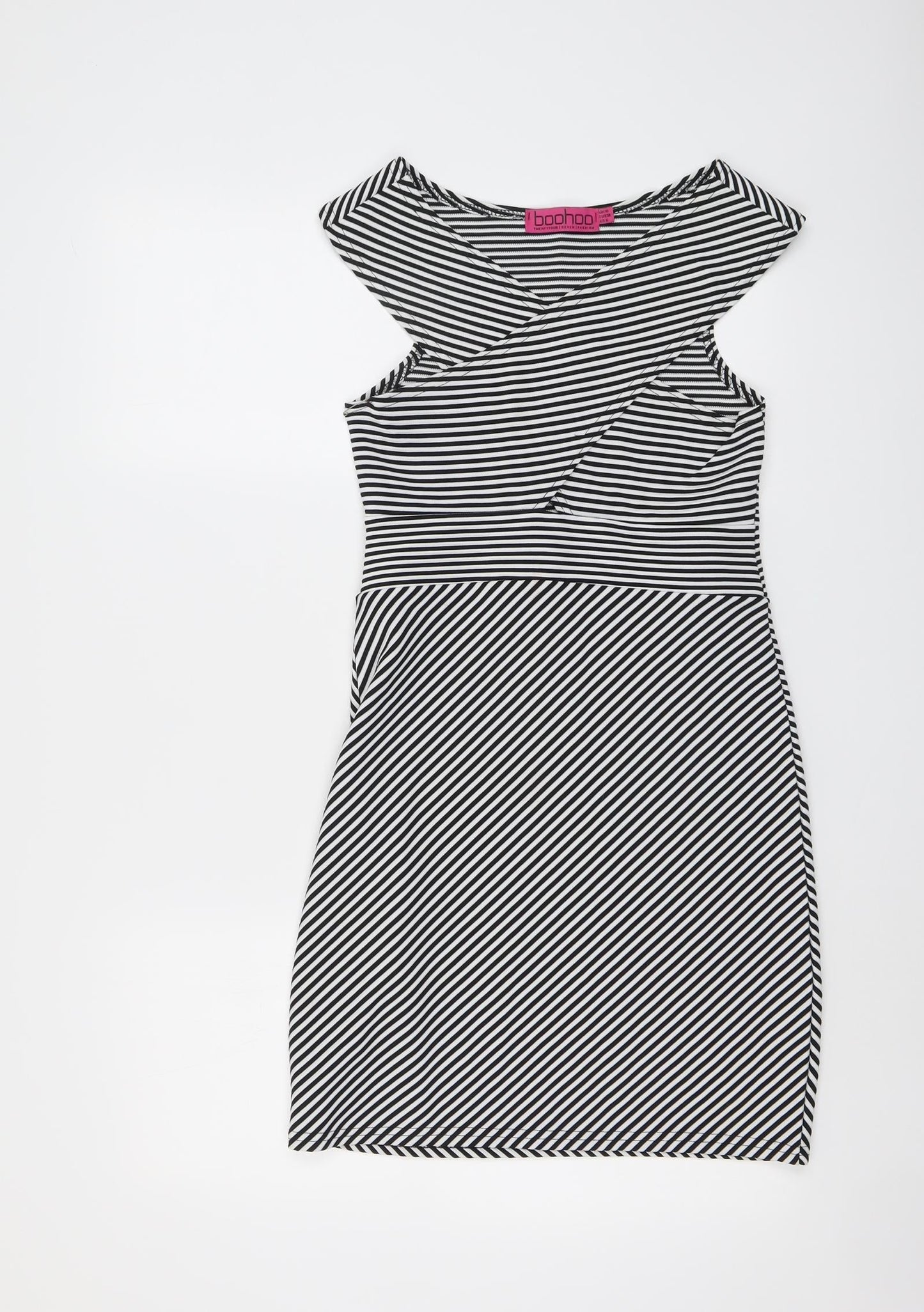 Boohoo Womens Black Striped Polyester Bodycon Size 10 V-Neck Pullover
