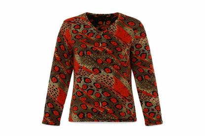 Front view of Roman women’s multicoloured geometric acetate basic blouse, size S, v-neck