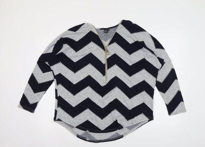 Additional front view of Izabel women’s blue v-neck geometric polyester jumper, size UK 10