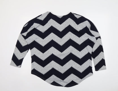 Back view of Izabel women’s blue v-neck geometric polyester jumper, size UK 10