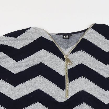 Close-up detail of Izabel women’s blue v-neck geometric polyester jumper, size UK 10