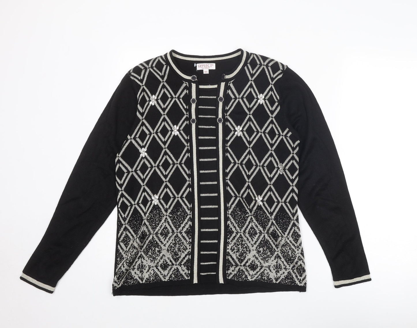 Reflect Womens Black Round Neck Geometric Acrylic Pullover Jumper Size M - Size M-L
