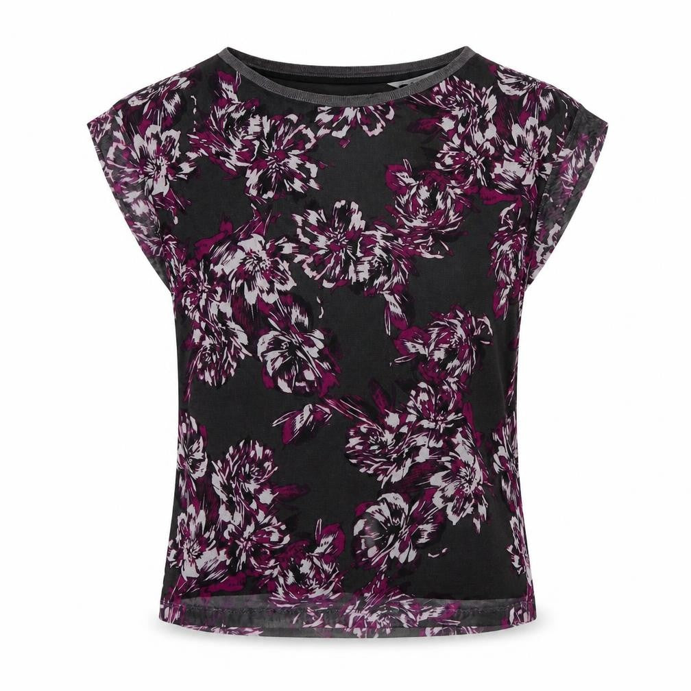 Adrienne Vittadini Womens Grey Floral Polyester Basic T-Shirt Size S Round Neck