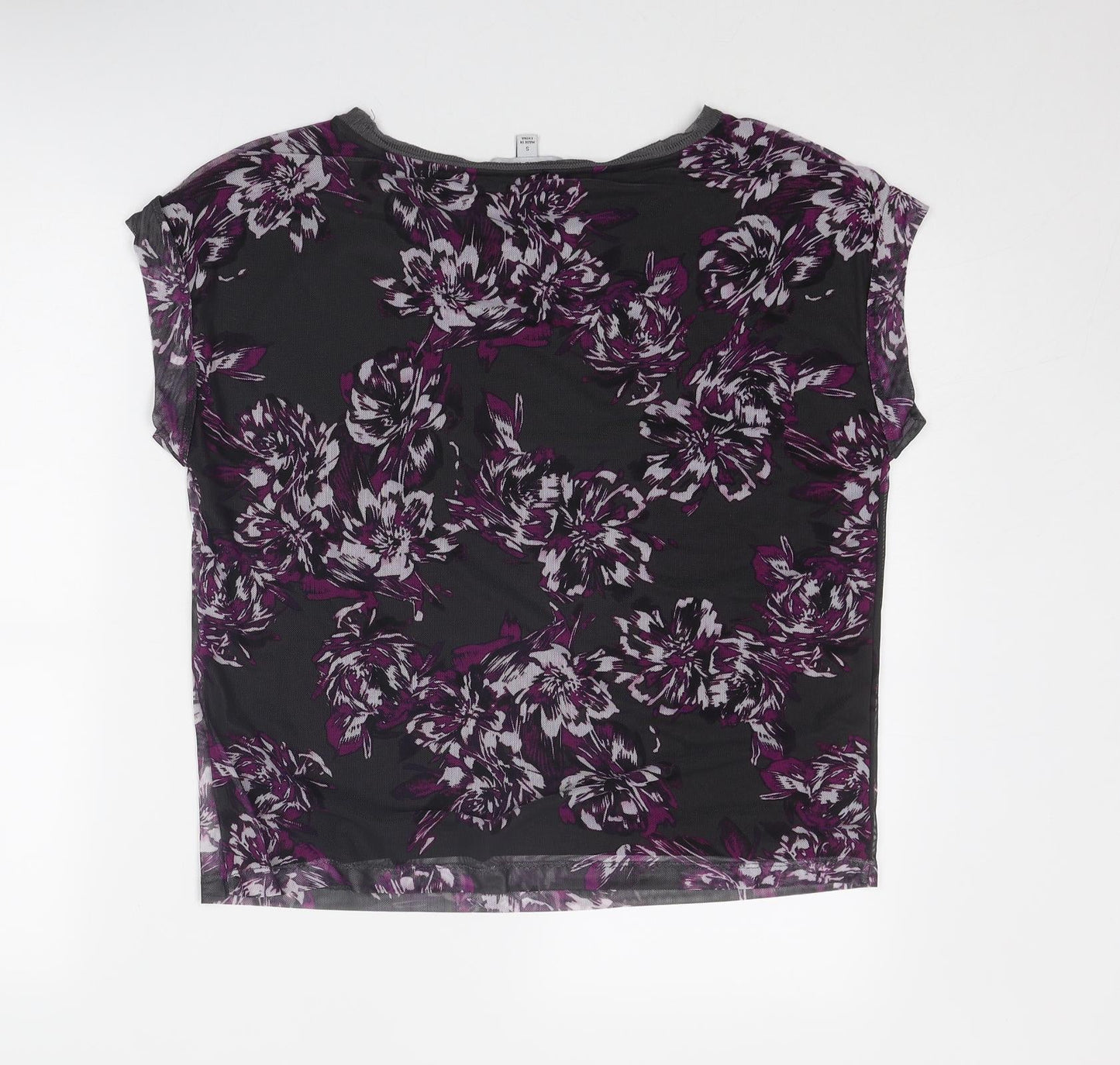 Adrienne Vittadini Womens Grey Floral Polyester Basic T-Shirt Size S Round Neck