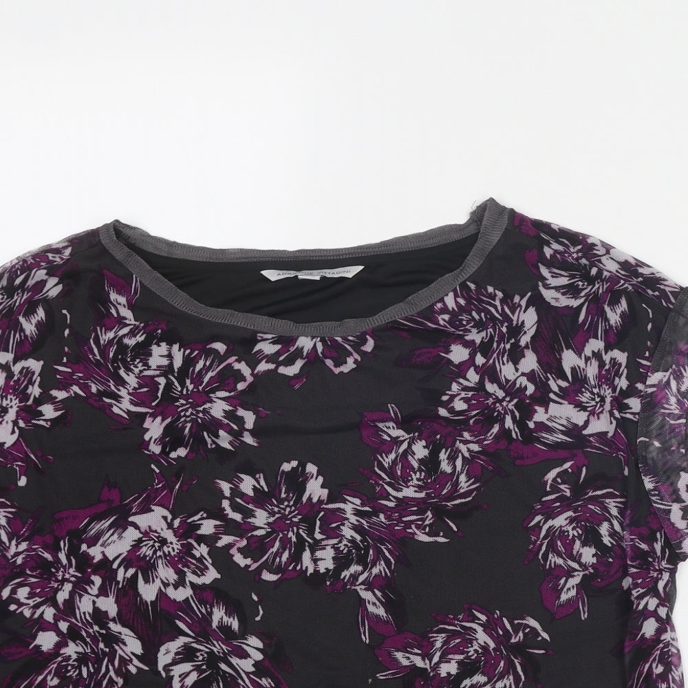Adrienne Vittadini Womens Grey Floral Polyester Basic T-Shirt Size S Round Neck