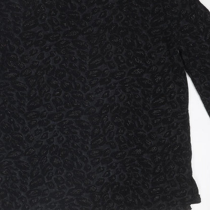 Brand and care label for Principles women’s black geometric polyester basic blouse, size UK 12, round neck