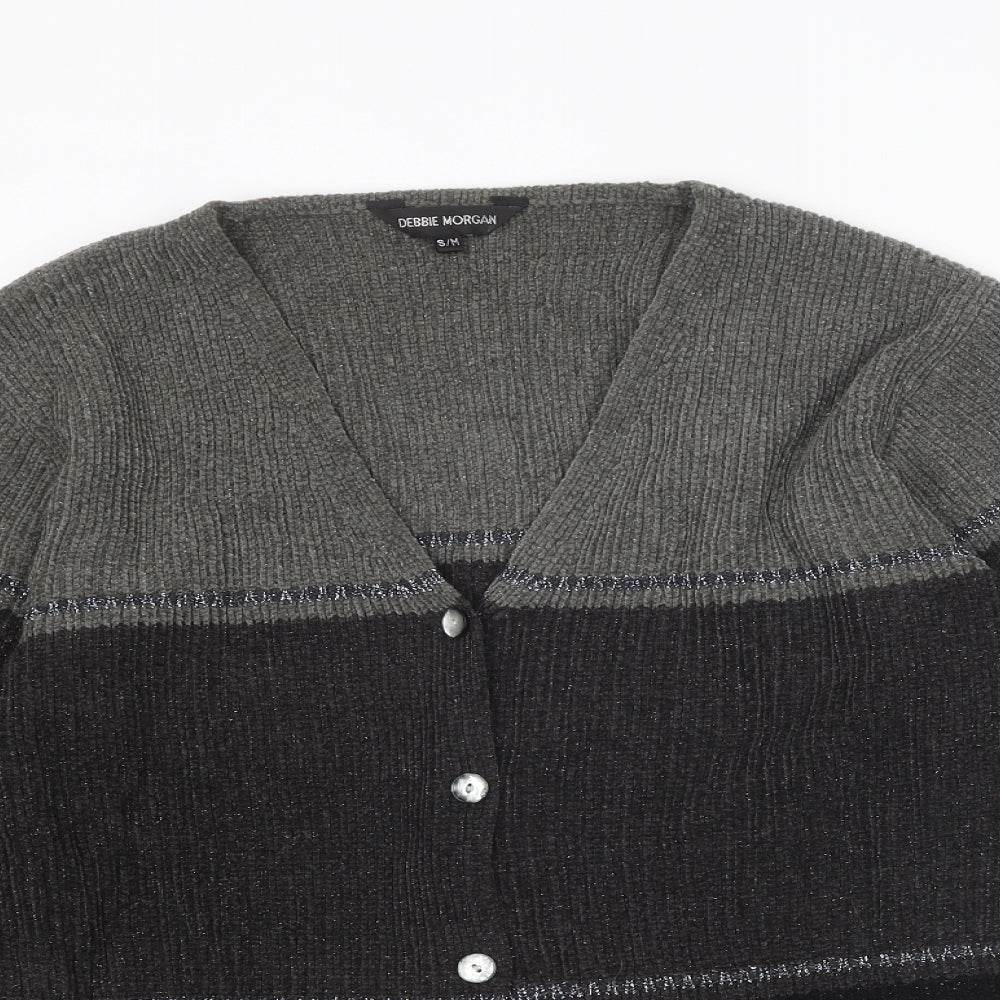 Debbie Morgan Womens Grey V-Neck Geometric Acrylic Cardigan Jumper Size S