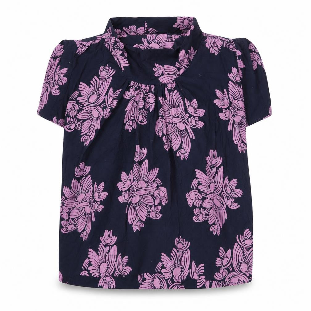 French Connection Womens Blue Floral 100% Cotton Basic Blouse Size 8 Mock Neck