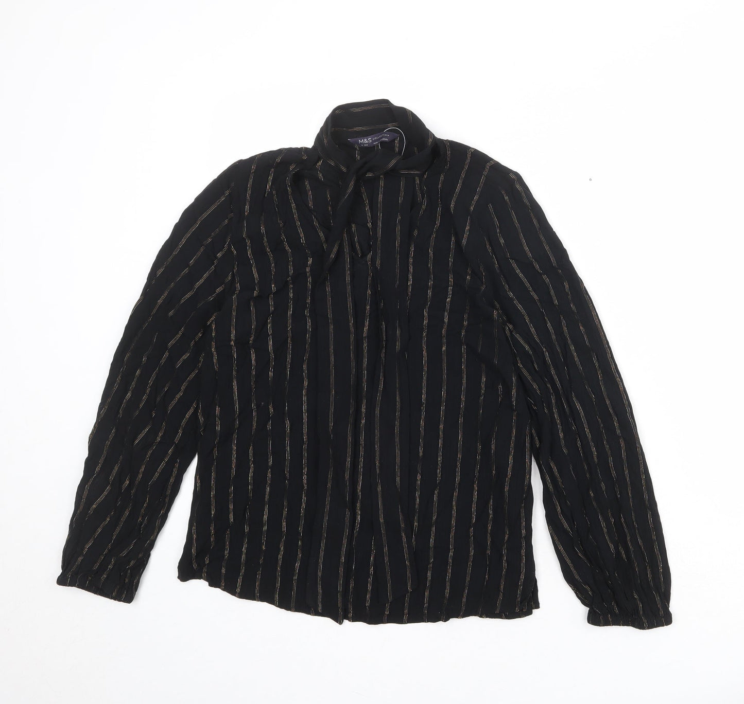 Marks and Spencer Womens Black Striped Viscose Basic Blouse Size 10 High Neck