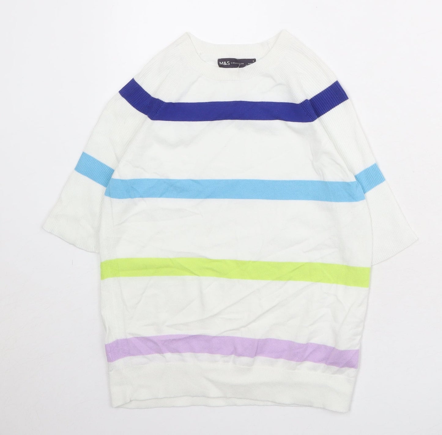 Marks and Spencer Womens White Round Neck Striped Cotton Pullover Jumper Size S