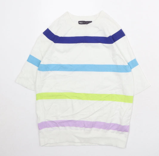 Marks and Spencer Womens White Round Neck Striped Cotton Pullover Jumper Size S