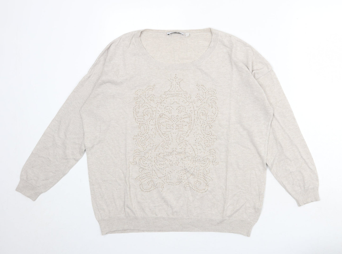Yessica Womens Beige Round Neck Cotton Pullover Jumper Size L