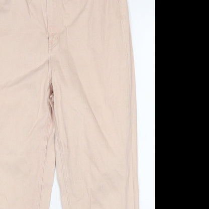 Close-up detail of Missguided women’s beige cotton mom jeans, size UK 12, regular zip