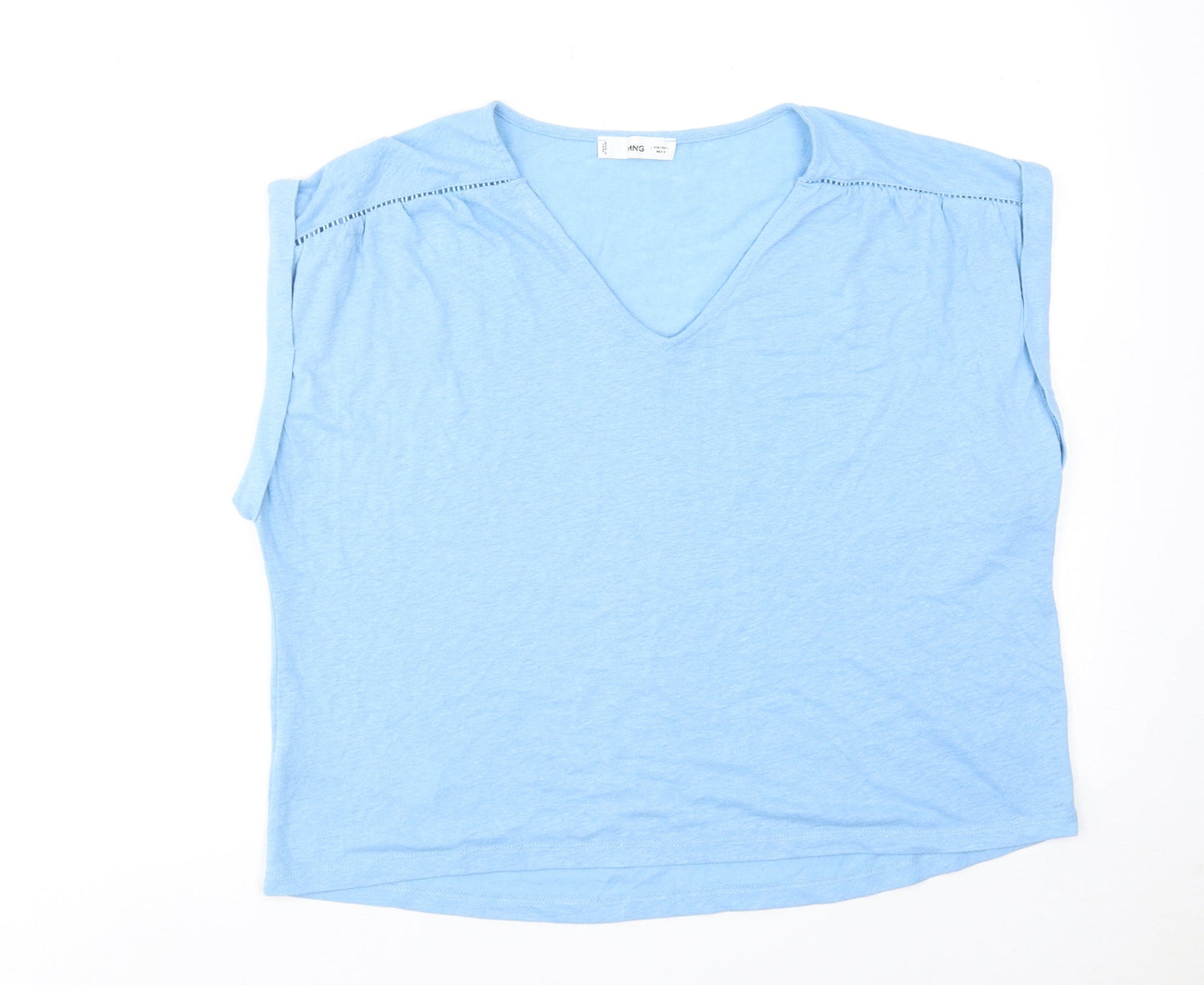 Mango Womens Blue Polyester Basic T-Shirt Size L V-Neck