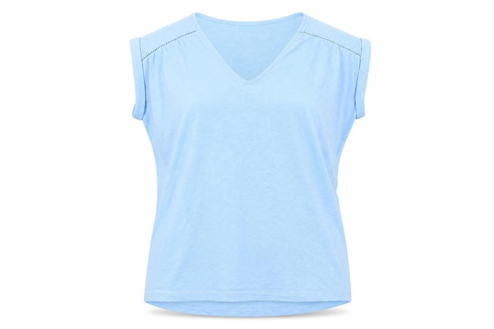 Mango Womens Blue Polyester Basic T-Shirt Size L V-Neck