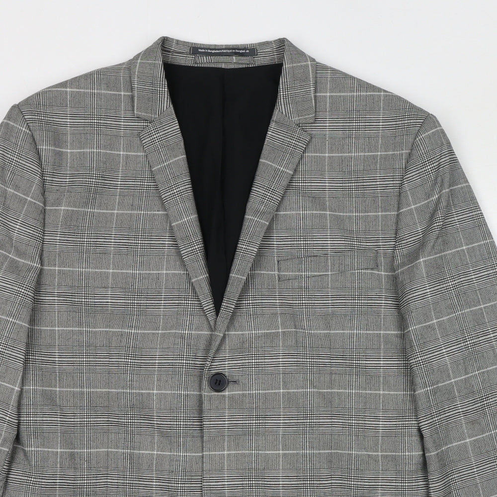 H&M Mens Grey Plaid Polyester Jacket Blazer Size L Regular
