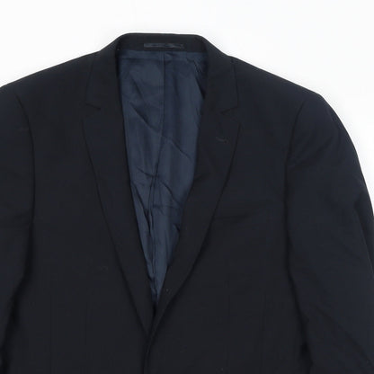 Close-up detail of ASOS men’s black polyester jacket suit jacket, size 40, regular
