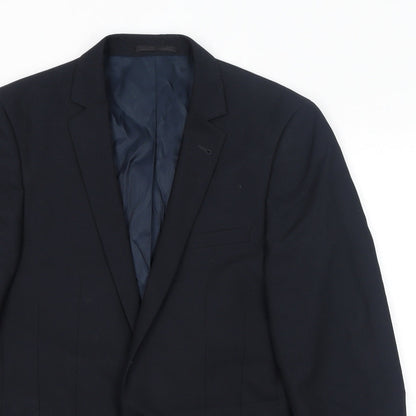 Close-up detail of ASOS men’s black polyester jacket suit jacket, size 38, regular