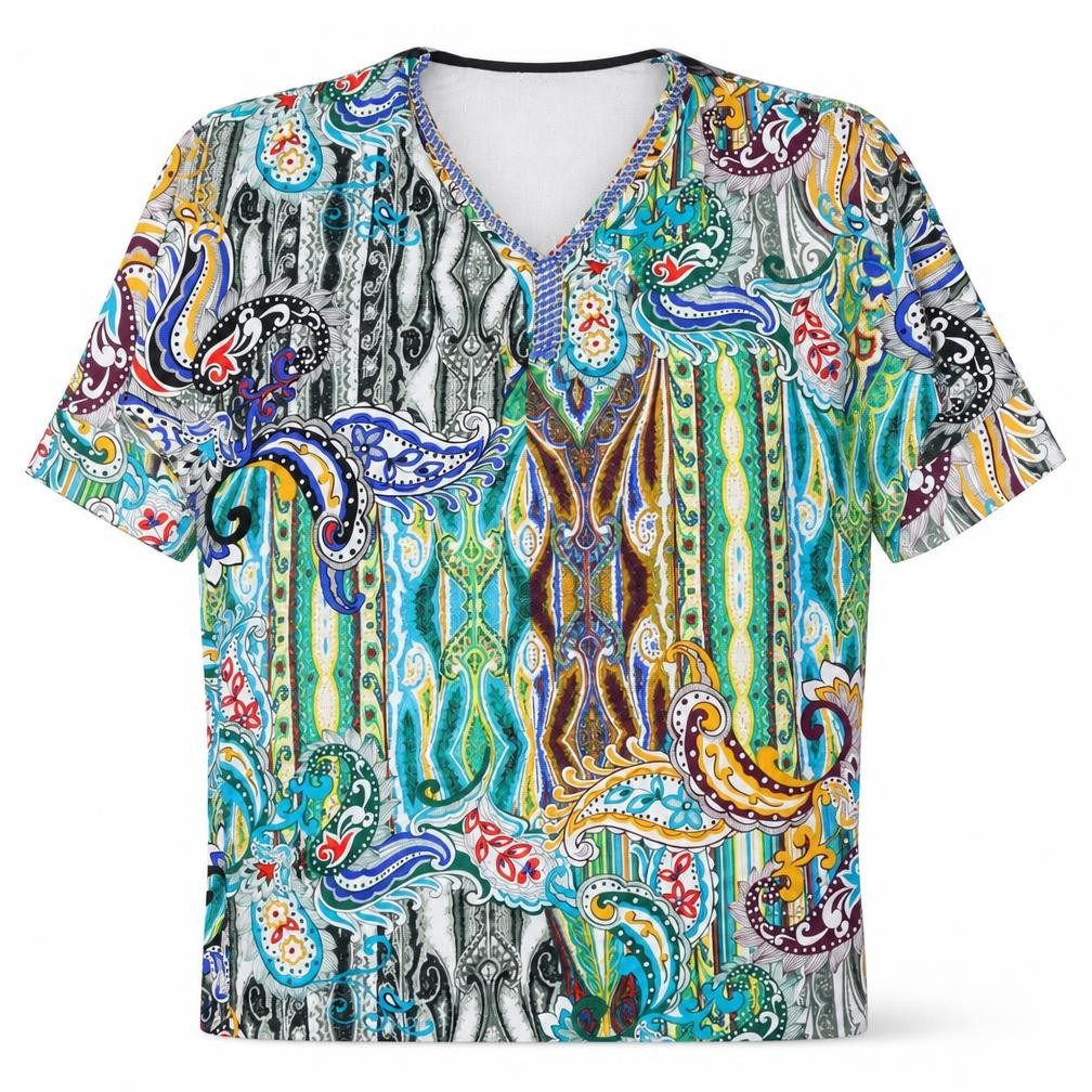 Jaune Rouge Womens Multicoloured Geometric Polyester Basic T-Shirt Size M V-Neck