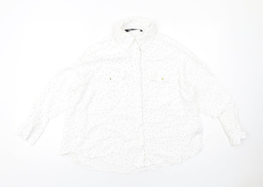 Zara Womens White Polka Dot Viscose Basic Button-Up Size M Collared