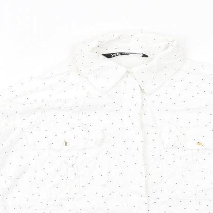 Zara Womens White Polka Dot Viscose Basic Button-Up Size M Collared