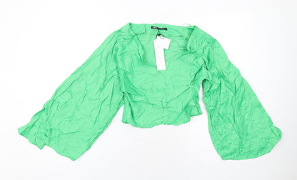 Zara Womens Green Viscose Basic Blouse Size S V-Neck