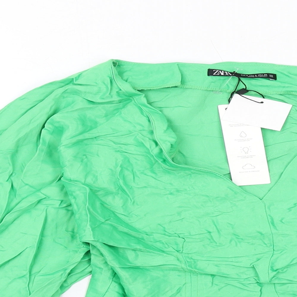 Zara Womens Green Viscose Basic Blouse Size S V-Neck