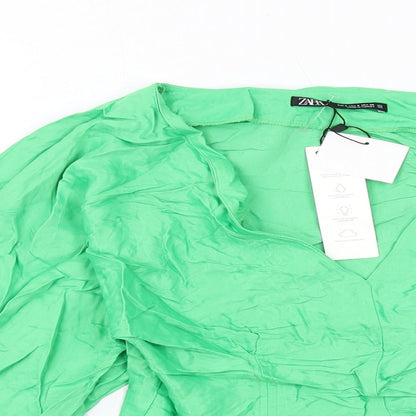 Zara Womens Green Viscose Basic Blouse Size S V-Neck