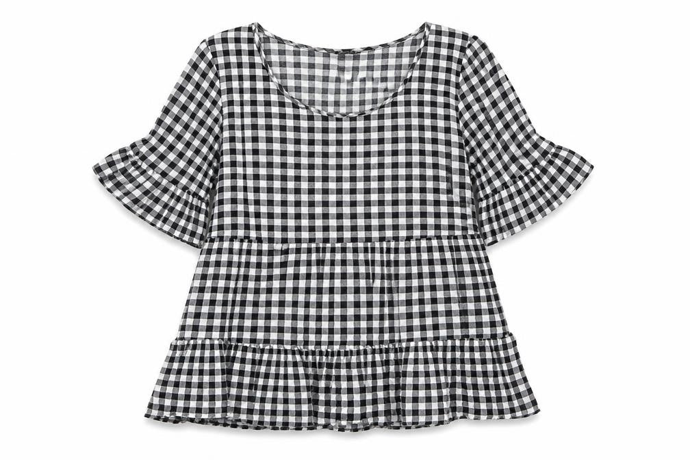 Izabel London Womens Black Plaid Viscose Basic Blouse Size 10 Round Neck